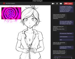  breasts cleavage collarbone earrings english_text expressionless female_only femsub hypnotic_screen lee_(zko) livestream office_lady open_mouth original ponytail simple_background spiral tagme tech_control text undressing user_interface white_background zko 