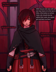  agnikka_sato alternate_costume alternate_hairstyle corruption enemy_conversion mascara ruby_rose rwby standing_at_attention tears 