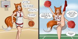 animal_ears before_and_after blush bottomless breasts cheerleader female_only femsub fox_girl happy_trance large_breasts long_hair no_panties original polmanning pussy smile standing_split tail text western yoga