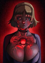  bangs blonde_hair bodysuit choker cleavage collarbone corruption expressionless female_only femsub foolycooly glowing glowing_eyes huge_breasts looking_at_viewer makoto_niijima p30 persona_(series) persona_5 red_background red_eyes resident_evil resident_evil_5 short_hair solo tech_control tied_hair tight_clothing veins 