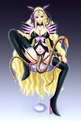 aphrodite_(precure) arm_warmers aura boots bow cleavage corset eyeshadow female_only femsub garter_straps gradient_background happy_trance high_heels horns jewelry kiryu large_breasts lipstick looking_at_viewer makeup nail_polish navel orange_eyes parasite precure pussy_tentacles simple_background sitting smile solo spread_legs tentacles thigh_boots thighhighs very_long_hair