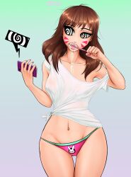 absurdres body_markings brown_hair collarbone d.va drool female_only femsub hypnotic_screen large_hips long_hair midriff nail_polish overwatch solo spiral_eyes symbol_in_eyes tech_control underwear zko
