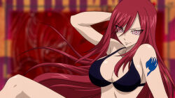 bikini bra breasts erza_scarlet fairy_tail female_only femsub hair_covering_one_eye happy_trance ivatent_(manipper) large_breasts long_hair manip red_hair smile spiral_eyes swimsuit symbol_in_eyes tattoo underwear