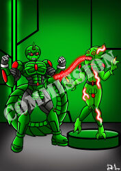 berty-j-a chaoscroc_(character) corruption green_hair long_hair male_only maledom malesub non-human_feet non-human_penis open_mouth original penis robot tech_control thorn_(sonicality) virus watermark yaoi
