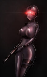  bodysuit breasts drone erect_nipples erect_nipples_under_clothes faceless female_only femsub glowing gun harness huge_breasts latex mask microphone rubber sealed_sins solo standing tech_control visor weapon 