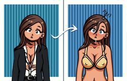  antenna before_and_after blush bra breasts brown_eyes brown_hair cleavage drool empty_eyes erect_nipples expressionless femsub httpwwwcom hypnotic_accessory large_breasts long_hair navel office_lady simple_background standing suit symbol_in_eyes tan_skin tech_control underwear 