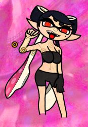 callie_(splatoon) femdom glowing_eyes latex looking_at_viewer nintendo pendulum pink_hair shorts splatoon swimsuit tube_top