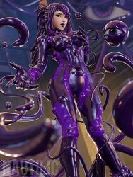 3d alternate_hair_color alternate_hairstyle bodysuit breast_grab female_only femsub kuromaru lipstick looking_at_viewer m.u.g.e.n. metroid_(series) nautilic nintendo open_mouth ponytail purple_eyes purple_lipstick samus_aran slime solo symbiote tentacles watermark