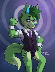  bulge clothed_exposure fauxpawe furry green_hair happy_trance male_only malesub signature solo spiral_background spiral_eyes tie vest waiter wolf_boy 