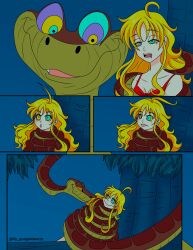  asphyxiation blonde_hair coils comic disney happy_trance hypnotic_eyes jungle kaa kaa_eyes long_hair night ping restrained smile snake tail the_jungle_book trees 