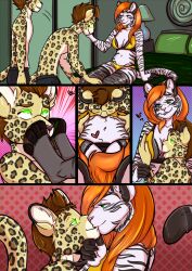  ash_(ashkelling) breasts brown_hair cat_boy cat_girl clothed comic dazed femdom furry happy_trance hooves hypnotic_eyes keilani_(keilani) large_breasts leopard_boy malesub non-human_feet original red_hair scarlet-frost smile tiger_girl 