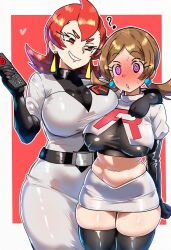  ariana_(pokemon) belt blush border breast_press breasts brown_hair clothed confused earrings enemy_conversion evil_smile eyebrows_visible_through_hair female_only femdom femsub gloves heart jewelry large_breasts lyra_(pokemon) midriff miniskirt multiple_girls navel nintendo pants pokemon purple_eyes red_background red_eyes red_hair remote_control simple_background smile spiral_eyes sweat sweeetdonnut symbol_in_eyes team_rocket tech_control thighhighs thighs tight_clothing underboob uniform 
