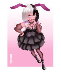 arm_warmers blue_eyes boots bow bunny_ears dress female_only fishnets gothification gradient_background hand_on_hip happy_trance kronobas28 laughing long_hair multicolored_hair open_mouth original ponytail sakura_(gamin_gryff) signature simple_background smile smug solo tights