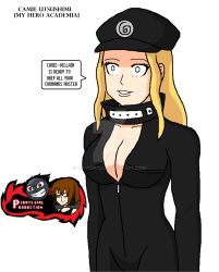 blonde_hair brown_hair camie_utsushimi dani_(doudile) doudile female_only happy_trance hat hypnotic_accessory my_hero_academia original standing standing_at_attention tattoo text watermark white_background white_eyes yellow_eyes