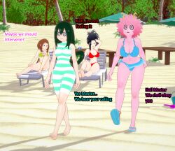  3d black_hair brown_hair femsub green_hair horns hypnobrother hypnotized_walking large_breasts long_hair mina_ashido momo_yaoyorozu my_hero_academia ochaco_uraraka pink_hair short_hair spiral_eyes swimsuit text tsuyu_asui 
