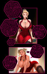 ai_art bare_breasts blonde_hair blue_eyes breasts cleavage comic cowgirl_position cum cum_in_pussy english_text femdom final_fantasy_vii huge_breasts hypnotic_breasts hypnotic_voice jewelry large_breasts malesub manip mommy_fetish necklace nipples penis pov pov_sub red_dress scarlet_(ff7) sex smile speech_bubble tagme text thighhighs thought_bubble tiechonortheal_(manipper) trigger