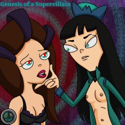 black_hair breasts brown_hair clothed disney expressionless female_only femsub long_hair multiple_girls open_mouth ordeper_arts phineas_and_ferb simple_background stacy_hirano tech_control topless vanessa_doofenshmirtz western
