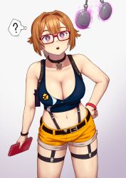  belt breasts brown_hair cleavage female_only femsub girls_frontline glasses grizzly_(girls_frontline) jean_shorts large_breasts m4ns0n navel pendulum pocket_watch purple_eyes short_hair shorts solo spiral_eyes symbol_in_eyes 