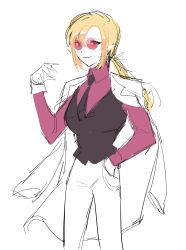 absurdres alternate_color_scheme alternate_costume alternate_hairstyle arisa_(shadowverse) blonde_hair clothed coat corruption cosplay costume cygames dead_source elf elf_ears femsub glasses gloves iceschillendrig joke_(artist) maledom pants ponytail possession shadowverse simple_background smile spoilers suit sunglasses tie white_background