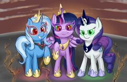  animals_only blue_hair corruption crown curly_hair fearingfun femsub glowing glowing_eyes happy_trance hooves horns horse jewelry long_hair multicolored_hair my_little_pony non-human_feet pink_hair purple_hair rarity straight-cut_bangs the_great_and_powerful_trixie twilight_sparkle unicorn wings 