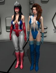 3d bare_shoulders black_hair boots breasts brown_hair cleavage collarbone expressionless female_only femsub high_heels highland_lassie huge_breasts leotard long_hair lorna_macgregor mask member9 miss_britain original red_lipstick standing standing_at_attention super_hero thick_thighs thighhighs white_eyes