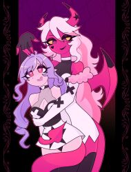  aura bare_shoulders breasts charm_(spell) choker cleavage cleavage_cutout clothed demon_girl drool female_only femdom femsub glowing glowing_eyes happy_trance heart heart_eyes helluva_boss horns hug love open_mouth pink_skin purple_hair rakuma-imp skirt slit_pupils succubus symbol symbol_in_eyes tail thighs verosika_mayday very_long_hair vivian_banshee white_hair wings yuri zenless_zone_zero 