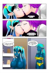 alien_girl bare_shoulders bikini bikini_bottom bikini_top blue_skin bow brown_eyes cleavage closed_eyes comic dialogue doll doll_joints dollification empty_eyes erect_nipples expressionless eyeshadow femdom femsub freckles glowing_eyes green_hair hand_on_another&#039;s_cheek happy_trance horns hypnotic_eyes kimberly_smith_(daveyboysmith9) kissing large_breasts long_hair lum magic multicolored_hair oni_girl original purple_eyes purple_hair purple_lipstick short_hair smile story text topless urusei_yatsura wadevezecha yuri