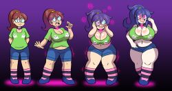  absurdres before_and_after breast_expansion breasts brown_hair chubby cleavage collar corruption glasses glowing glowing_eyes happy_trance hex_maniac hexification huge_breasts hypnotic_accessory long_hair midriff nintendo original pale_skin pokemon pokemon_x_and_y ponytail prinnydood purple_hair sequence solo spiral transformation 