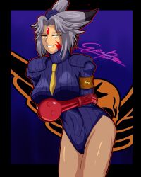  absurdres alternate_costume bandai_namco breasts capcom clothed corruption costume crossed_arms facial_markings female_only femsub giyu grey_hair large_breasts namco_x_capcom saya_(namco_x_capcom) shadaloo_dolls signature silver_hair smile solo street_fighter thighs yellow_eyes 