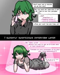  blush clothed dialogue english_text female_only femsub green_eyes green_hair lemondesert one_punch_man phone phone_call short_hair solo tatsumaki_(one_punch_man) text 
