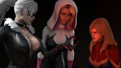 black_cat blonde_hair captain_marvel carol_danvers collar felicia_hardy female_only femsub gwen_stacy hypnotic_accessory jewelry marvel_comics multiple_girls multiple_subs source_filmmaker spider-gwen spiral spiral_eyes suit whateverdude19 white_hair 