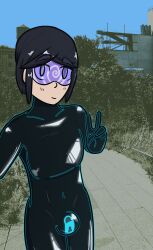  aware black_hair bodysuit bulge collarbone complex_background drone eyebrows_visible_through_hair glowing grey_eyes iris_azure latex looking_at_viewer null_bulge original outdoors posing self_hypnosis selfie short_hair smile solo spiral tech_control tight_clothing trance_delightful v visor 