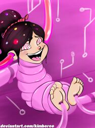 absurdres barefoot black_hair bondage brain_injection feet female_only femsub foot_focus happy_trance kimberco loli open_mouth rotating_brushes smile solo spiral_eyes symbol_in_eyes tech_control text tickling vanellope_von_schweetz wreck-it_ralph