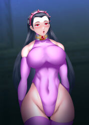 anabel_montemayor black_hair blush breasts collar eye_roll female_only femsub gloves hadant large_breasts leotard long_hair mole open_mouth opera_gloves original red_eyes tech_control thigh_gap thighhighs