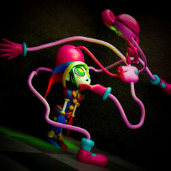 3d braid brown_hair cleavage clothed dress female_only femdom femsub gloves glowing_eyes green_eyes hand_on_another's_cheek hat hypnotic_eyes itsybitsystories jester kaa_eyes large_breasts leaning_forward makeup mommy_long_legs pink_skin pomni poppy_playtime red_hair shoes socks the_amazing_digital_circus white_skin