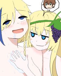  bare_shoulders blonde_hair blue_eyes body_swap breasts brown_hair claire_(konosuba) cleavage drool empty_eyes english_text femsub happy_trance iris_(konosuba) kazuma_satou kono_subarashii_sekai_ni_shukufuku_wo! maledom mei_tsf_(satsuki_mei) open_mouth possession smile tagme text yuri 