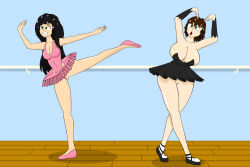  absurdres ballerina black--wave black_hair bottomless breasts breasts_outside brown_hair dancing dazed female_only femsub green_eyes happy_trance huge_breasts large_breasts long_hair open_clothes open_mouth original short_hair spiral_eyes symbol_in_eyes tutu 