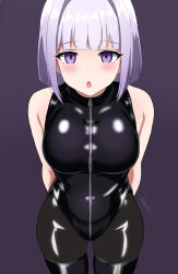  arms_behind_back bare_shoulders batta18th blush bodysuit dazed empty_eyes high_heels latex leotard looking_at_viewer open_mouth purple_background purple_eyes purple_hair rubber simple_background standing standing_at_attention thigh_boots thighhighs watermark zipper 