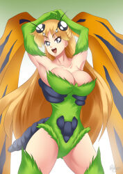 arms_above_head blonde_hair breasts bug_girl cleavage corruption hadant happy_trance large_breasts long_hair monster_girl open_mouth sailor_moon_(series) sailor_venus signature thighhighs