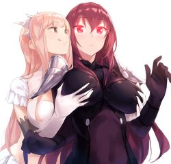 blonde_hair breasts cleavage dazed fate/grand_order fate_(series) female_only femdom femsub gloves glowing glowing_eyes groping large_breasts long_hair medb_(fate/grand_order) open_mouth red_hair scathach_(fate/grand_order) surprised tongue tongue_out yuri