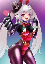  absurdres breasts bunny_ears bunny_girl bunnysuit crossover cuffs femsub fishnets hat heart heart_eyes honkai_star_rail hypnotic_clothing living_costume looking_at_viewer persona_(series) persona_5 possession radeon red_eyes shadow_bunny smile sparxie symbol symbol_in_eyes tight_clothing twintails very_long_hair white_hair 