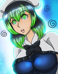 absurdres black_hair bow breasts expressionless female_only femsub green_eyes green_hair large_breasts maid multicolored_hair open_mouth original short_hair solo zorro-zero