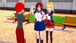  3d assassination_classroom black_hair blonde_hair dark_skin empty_eyes erza_scarlet fairy_tail femsub glasses gloves happy_trance large_breasts long_hair maledom original rainbowkombat red_hair rio_nakamura school_uniform 