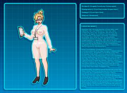  absurdres alternate_costume bad_end bare_legs blonde_hair blue_eyes character_profile clipboard clothed_exposure collarbone female_only femsub glasses happy_trance high_heels lab_coat large_breasts maledom mercy open_clothes open_mouth overwatch pussy see-through sexism simple_background single_hair_bun smile solo text unlikely 