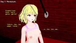 3d blonde_hair dialogue drool empty_eyes english_text eyebrows_visible_through_hair hypnovember instant_loss koikatsu! liz_b orange_eyes original pendulum text topless