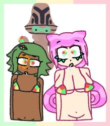 alien alien_girl androgynous_dom beheeyem bikini_top border bottomless dark_skin dawn_(droolywhirlpool) drool droolywhirlpool eyebrows_visible_through_hair eyelashes face_paint femsub flat_chest green_hair green_sclera helmet hypnotic_beam large_breasts long_hair malesub micro_bikini navel nintendo non-binary_sub open_mouth original pink_hair pokemon pokemon_(creature) pokemon_black_and_white rainbow_eyes short_hair simple_background symbol_in_eyes ujico_(droolywhirlpool) white_background