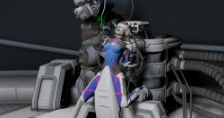  3d arms_behind_back bodysuit bondage breasts brown_hair cables corruption d.va face_paint femsub glowing headphones invaderman6 kneeling long_hair maledom monitor open_mouth overwatch restrained spread_legs tech_control visor wires 
