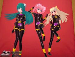  3d arm_bands bed bhsdesk blonde_hair blue_eyes blush bodysuit bow breast_grab breasts collar crotch_tattoo cuffs drill_hair erect_nipples erect_nipples_under_clothes glowing_eyes green_eyes green_hair happy_trance haruka_hanabishi heart_eyes jewelry kaoruko_tenkawa koikatsu! latex long_hair looking_at_viewer looking_up_to_magical_girls magical_girl on_back pink_hair red_eyes rubber sayo_minakami signature symbol_in_eyes text tight_clothing twintails 