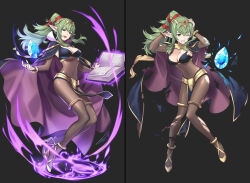 aged_up ai_art alternate_costume amadeus_(generator) aura book breasts cape cleavage cosplay crystal dragon_girl elf_ears empty_eyes fire_emblem fire_emblem_awakening floating green_eyes green_hair happy_trance high_heels levitation magic magic_circle nail_polish nintendo ponytail simple_background smile tharja tiki_(fire_emblem) torn_clothes