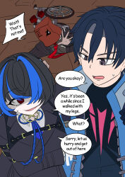  absurdres black_eyes black_hair blue_hair body_swap chair chaos_(neverness_to_everness) clothed daffodill_(neverness_to_eveness) defeated dialogue english_text eye_color_change femsub genderswap grey_hair maledom monte_cristo multicolored_hair neverness_to_everness red_eyes short_hair speech_bubble sweat text vel 